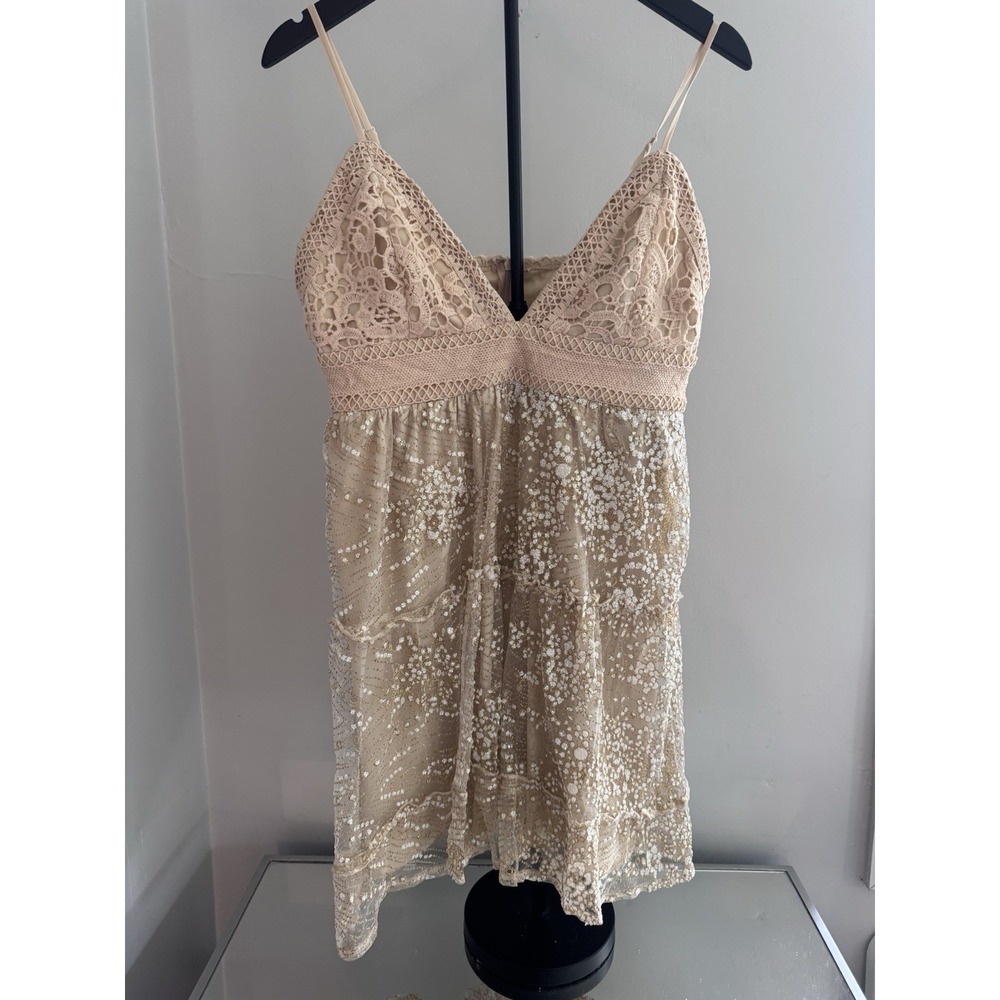 Southern Fried‎ Chics Sequin Lace Babydoll Dress Womens L Beige Boho